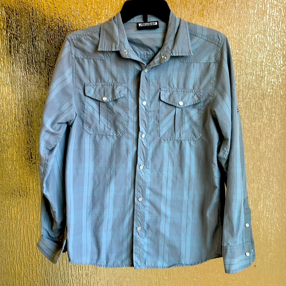 Akuma small grey and blue button down shirt